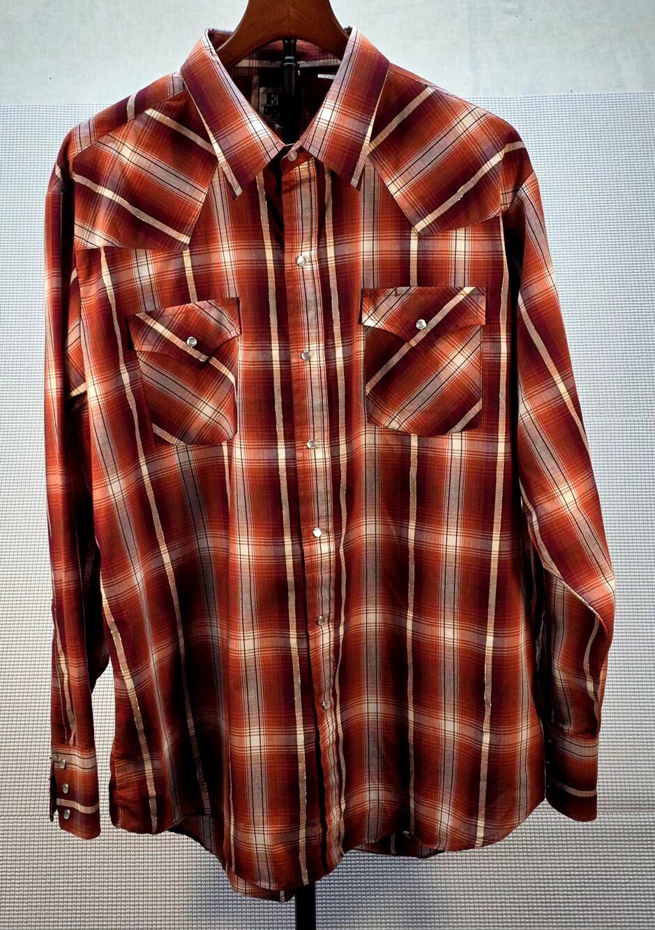 Ely Cattleman Men's XL Western Pearl Snap Shirt Plaid Orange Red Lurex Metallic